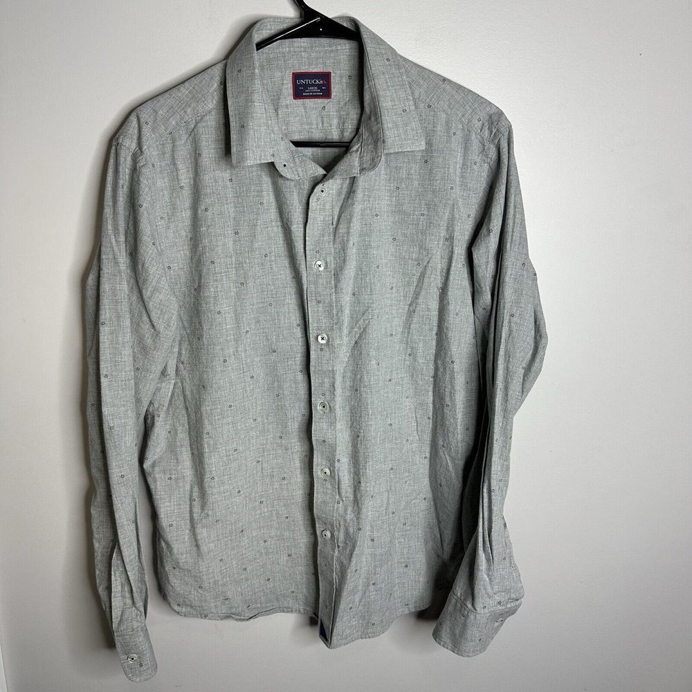 Men's UNTUCKit Size Large Grey Flower Pattern Long Sleeve Button‎ Shirt Preppy